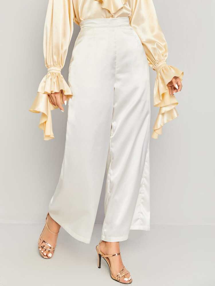 SHEIN Wide Leg Satin Trousers - White - View 5
