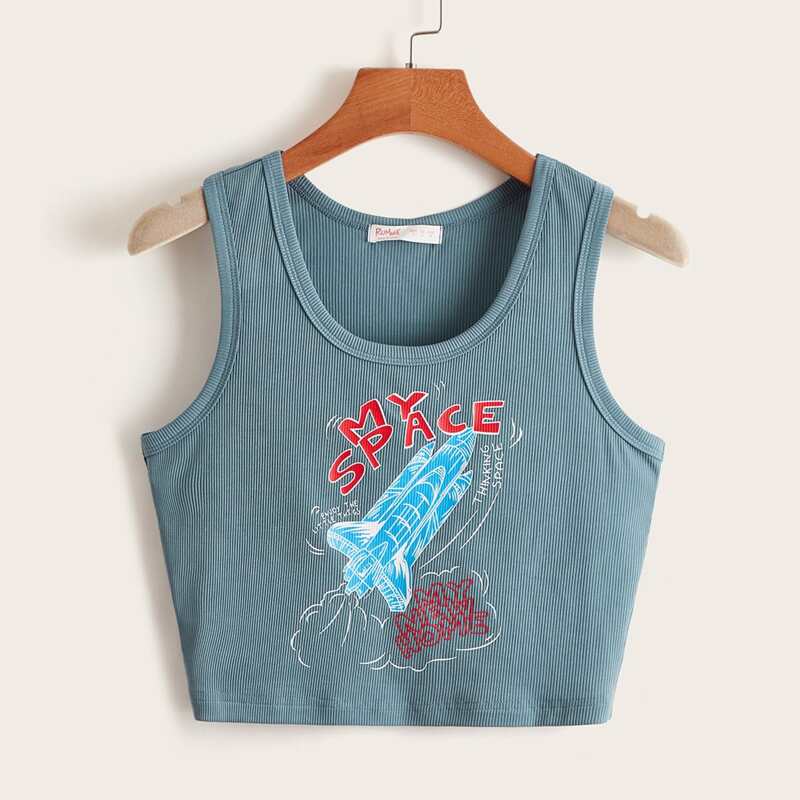 

Letter Embroidery Ribbed Knit Tank Top, Dusty blue