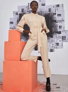 Shoulder Pads Slant Pockets Belted Jumpsuit - Beige - View 1