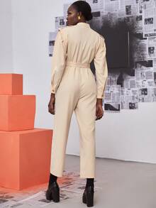Shoulder Pads Slant Pockets Belted Jumpsuit - Beige - View 2