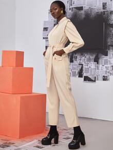 Shoulder Pads Slant Pockets Belted Jumpsuit - Beige - View 3
