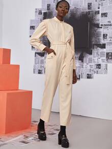 Shoulder Pads Slant Pockets Belted Jumpsuit - Beige - View 5