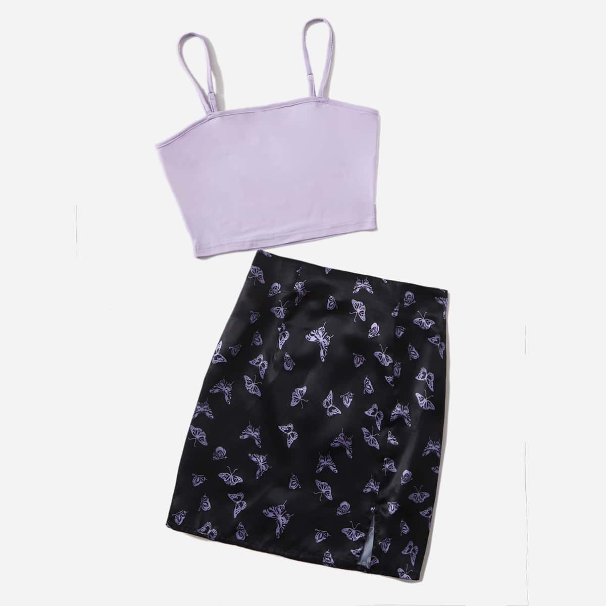 

Solid Crop Cami & Butterfly Graphic Split Skirt, Multicolor