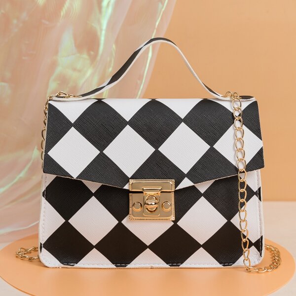 

Twist Lock Plaid Pattern Flap Square Bag, Black and white