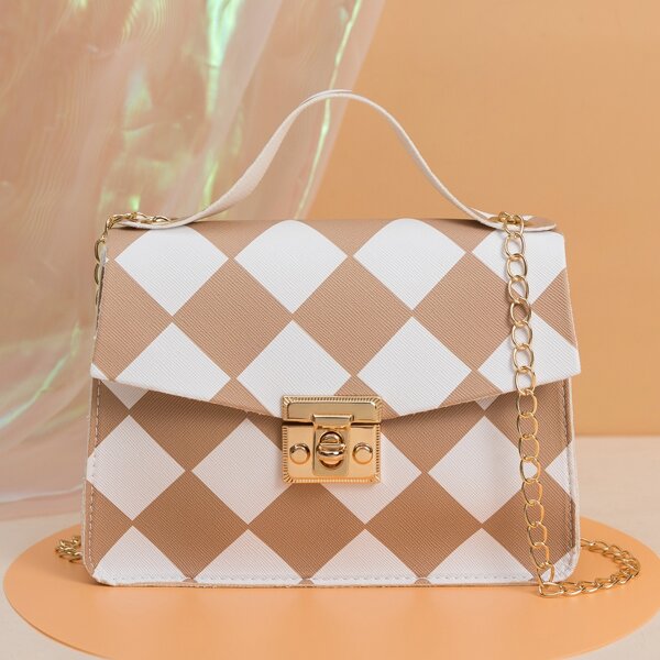 

Twist Lock Plaid Pattern Flap Square Bag, Khaki