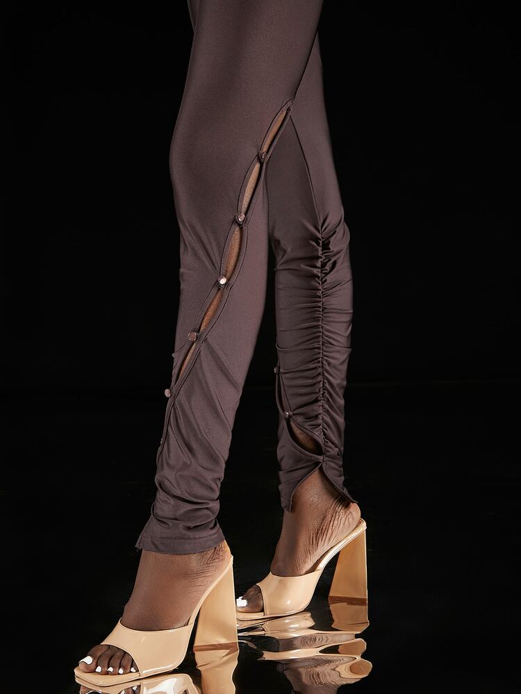 Penelope Ping Solid Button Detail Leggings - Coffee Brown - View 5