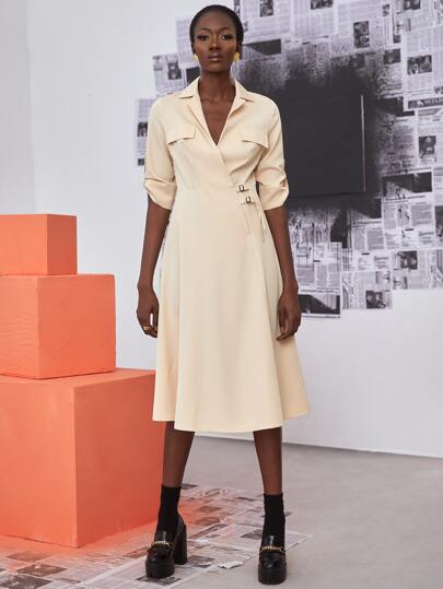 Roll Tab Sleeve Flap Detail Dress