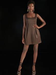 Penelope Ping 方領褶皺連衣裙 - 咖啡棕 - 查看 4