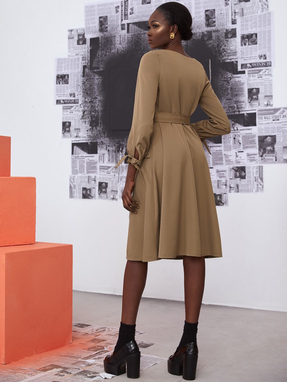 Tie Cuff Pocket Front Belted Dress