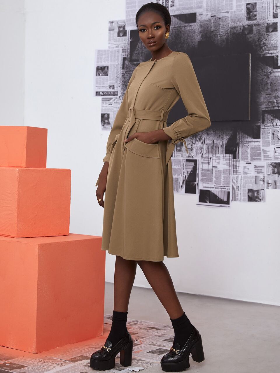 Tie Cuff Pocket Front Belted Dress