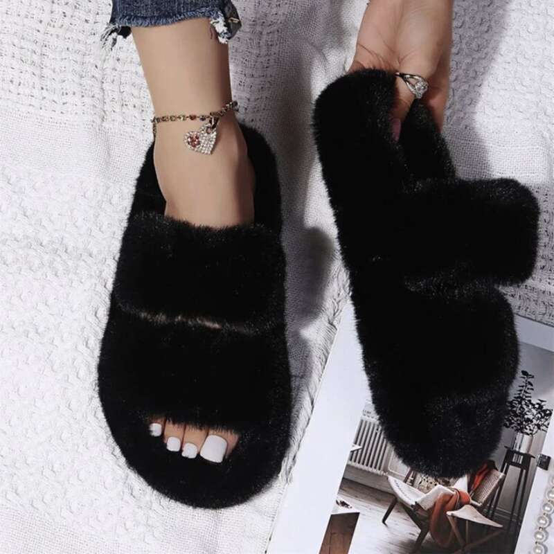 

Fluffy Open Toe Slippers, Black