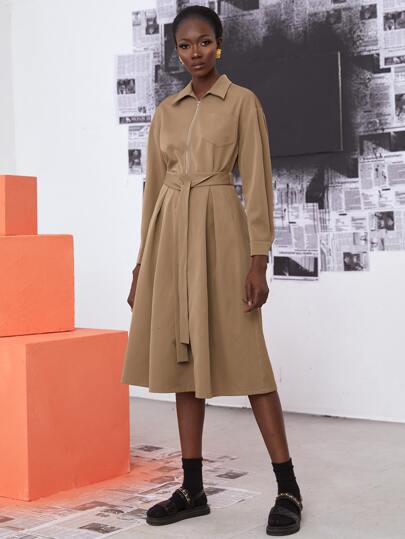 Pocket Front Coat And Belted Skirt Set
