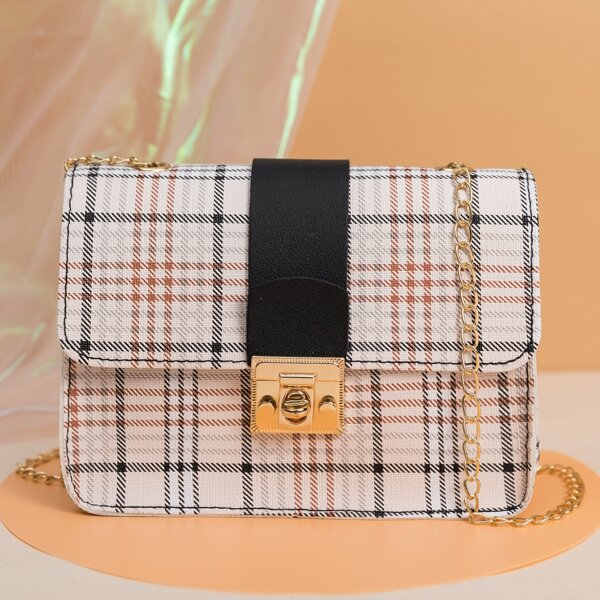 

Twist Lock Plaid Pattern Flap Square Bag, Beige
