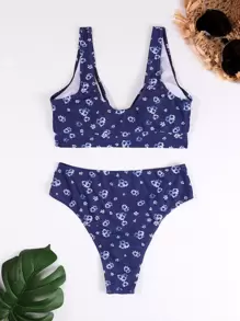 Floral Ruched High Waisted Bikini For Summer Beach Vacation - Royal Blue - View 5