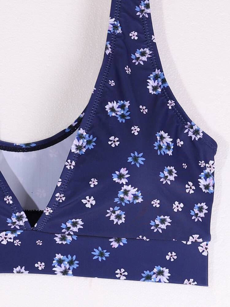 Floral Ruched High Waisted Bikini For Summer Beach Vacation - Royal Blue - View 3