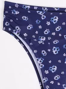 Floral Ruched High Waisted Bikini For Summer Beach Vacation - Royal Blue - View 4