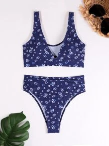 Floral Ruched High Waisted Bikini For Summer Beach Vacation - Royal Blue - View 2