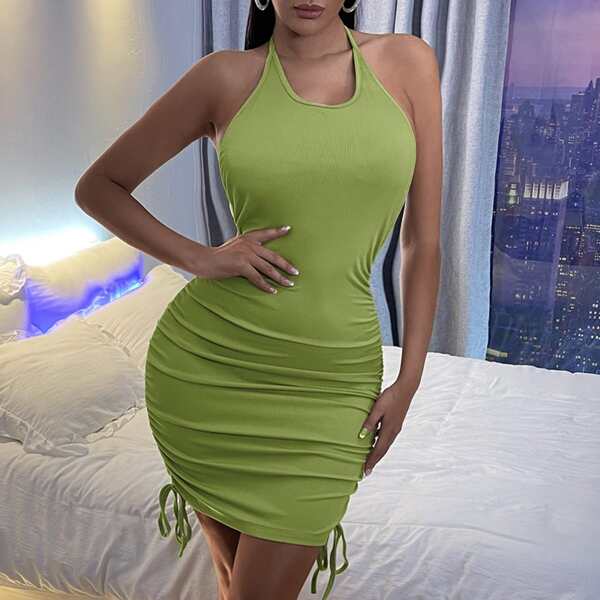 

Tie Backless Drawstring Halter Bodycon Dress, Green