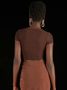 Penelope Ping Rib Knit Patched Crop Tee - Coffee Brown - View 2