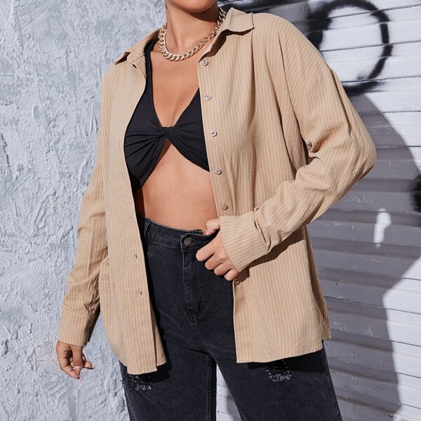 

Plus Striped Drop Shoulder Button Up Blouse, Khaki