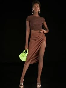 Penelope Ping Rib Knit Patched Crop Tee - Coffee Brown - View 3