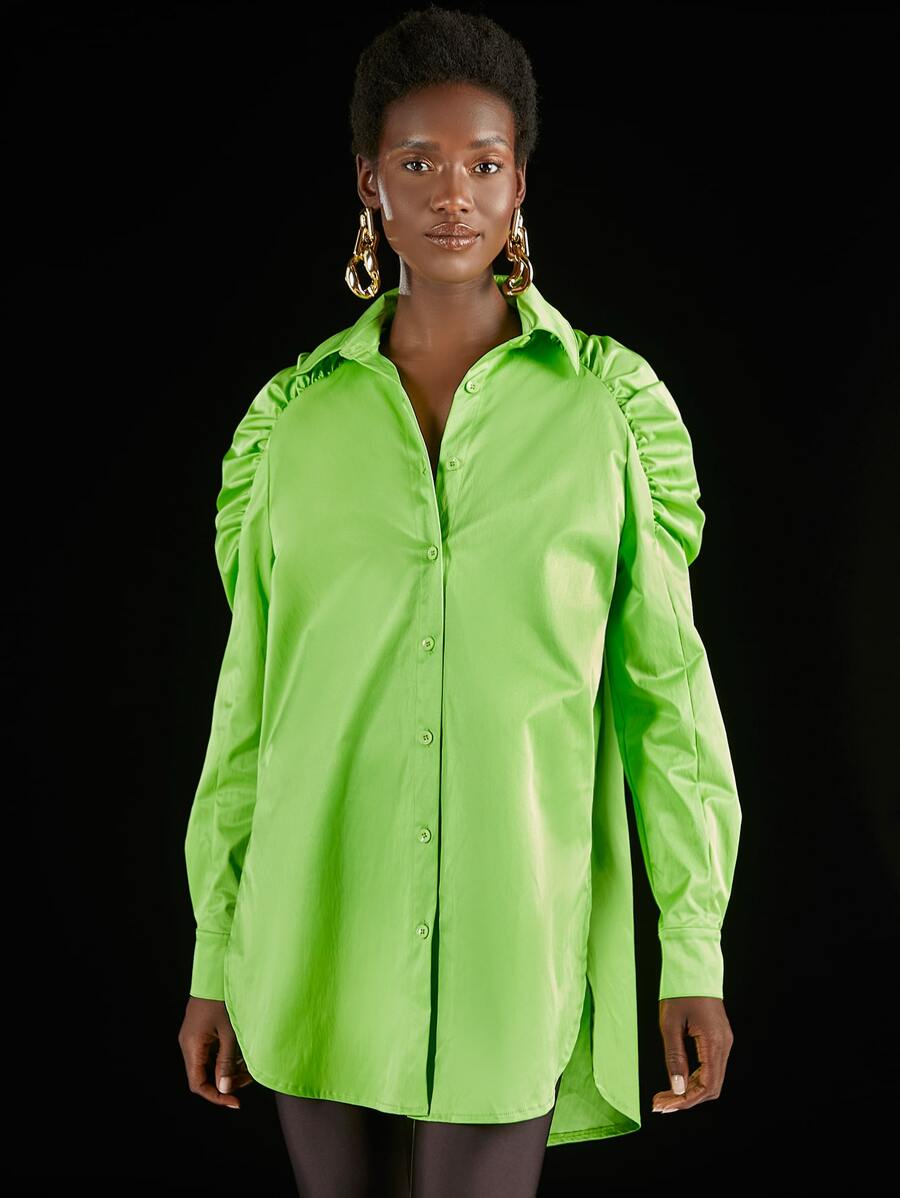 Penelope Ping Neon Green Ruched Sleeve Shirt - Lime Green - View 1