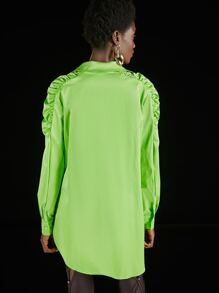 Penelope Ping Neon Green Ruched Sleeve Shirt - Lime Green - View 2