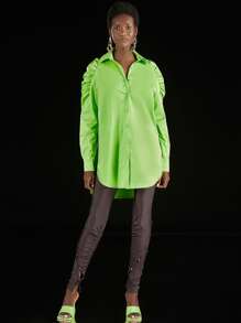 Penelope Ping Neon Green Ruched Sleeve Shirt - Lime Green - View 3