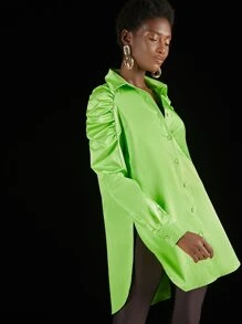 Penelope Ping Neon Green Ruched Sleeve Shirt - Lime Green - View 4