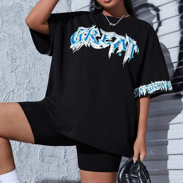 

Plus Letter Graphic Tee and Biker Shorts Set, Black