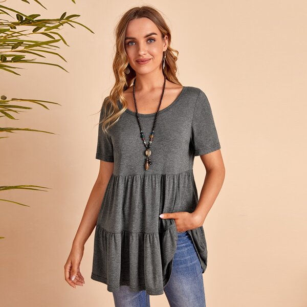 

Solid Ruffle Hem Tee, Dark grey