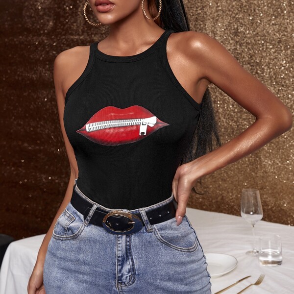 

Lip Print Halter Top, Black