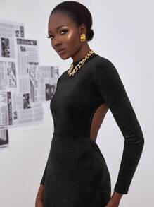 SHEIN Privé Đầm Lộ Lưng Chia màu trơn Gợi cảm - màu đen - Xem 3