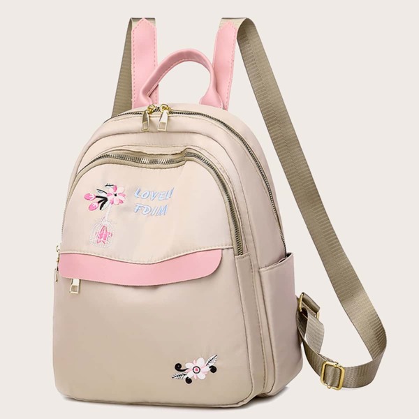 

Flower Embroidered Backpack, Khaki