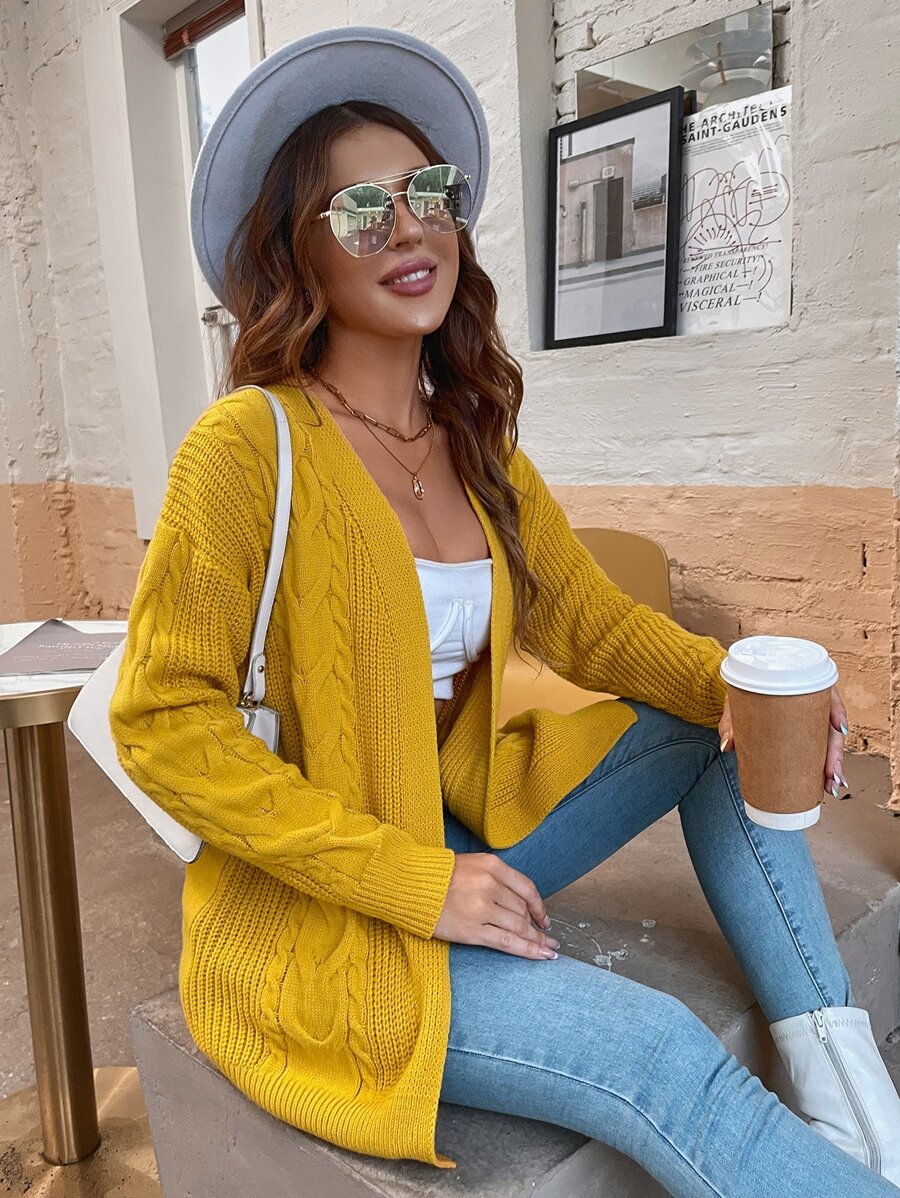 SHEIN LUNE Solid Cable Knit Cardigan - Yellow - View 1