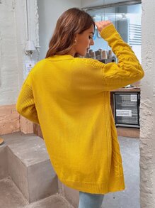 SHEIN LUNE Solid Cable Knit Cardigan - Yellow - View 2