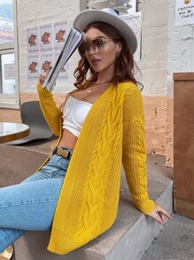 SHEIN LUNE Solid Cable Knit Cardigan - Yellow - View 3