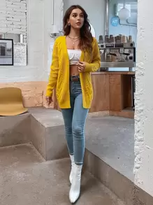 SHEIN LUNE Solid Cable Knit Cardigan - Yellow - View 6