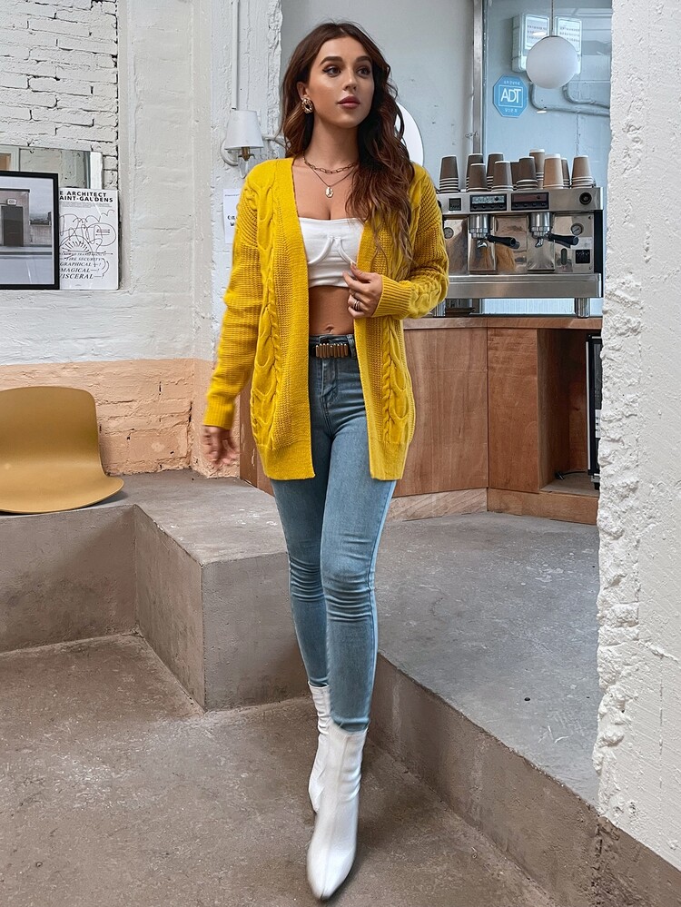 SHEIN LUNE Solid Cable Knit Cardigan - Yellow - View 6