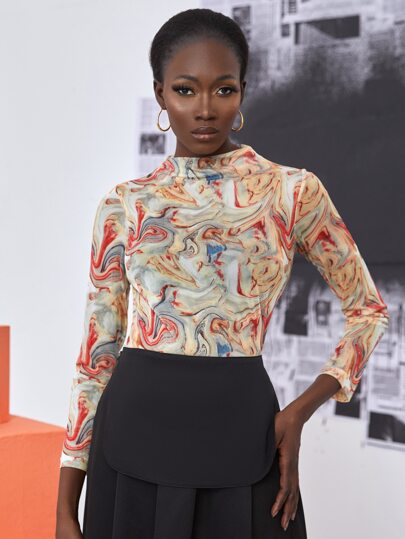 SHEIN Unity Marble Print Mock Neck Top
