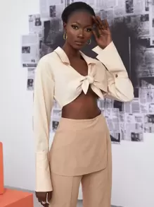 Áo nữ Nút Thắt nơ trước màu trơn Gợi cảm - Màu be - Xem 1