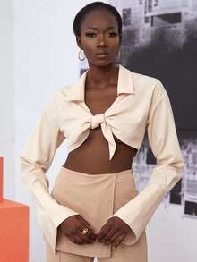 Áo nữ Nút Thắt nơ trước màu trơn Gợi cảm - Màu be - Xem 3