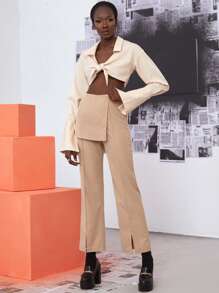 Áo nữ Nút Thắt nơ trước màu trơn Gợi cảm - Màu be - Xem 4