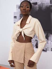 Áo nữ Nút Thắt nơ trước màu trơn Gợi cảm - Màu be - Xem 5