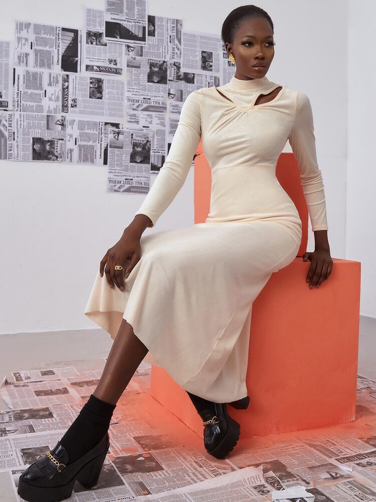 Mock Neck Cut Out Front Ruffle Hem Dress