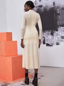 SHEIN Unity Mock Neck Cut Out Front Ruffle Hem Dress - Apricot - View 2