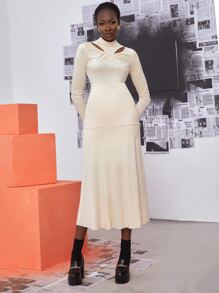 SHEIN Unity Mock Neck Cut Out Front Ruffle Hem Dress - Apricot - View 3