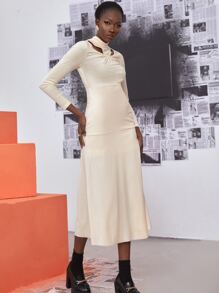 SHEIN Unity Mock Neck Cut Out Front Ruffle Hem Dress - Apricot - View 4