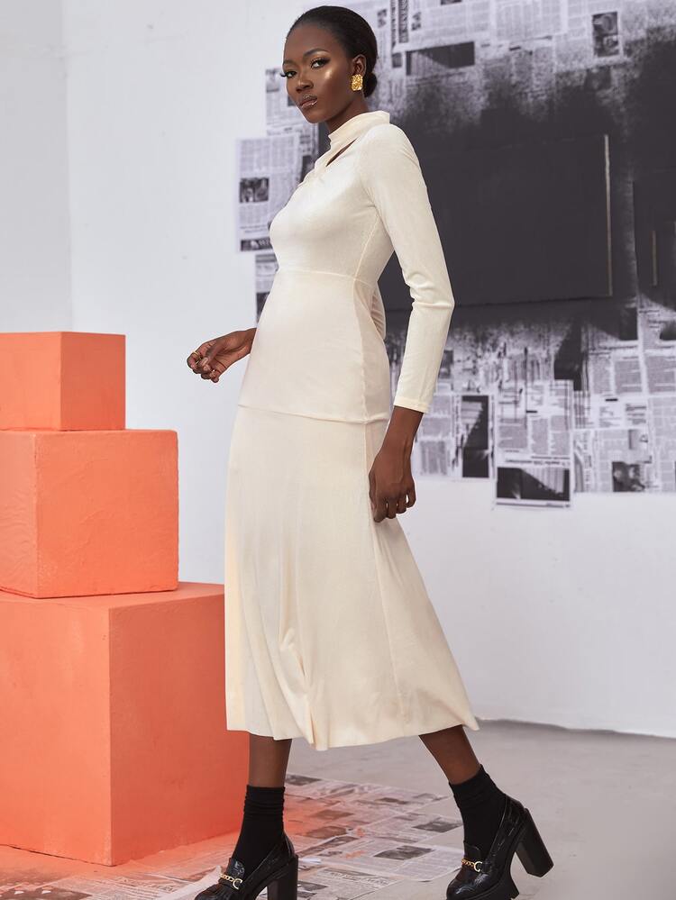 Mock Neck Cut Out Front Ruffle Hem Dress
