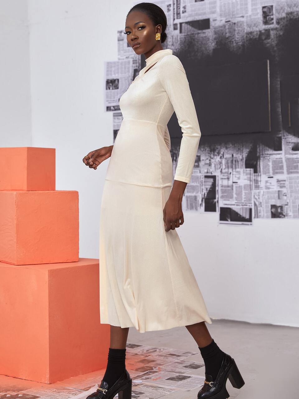 Mock Neck Cut Out Front Ruffle Hem Dress